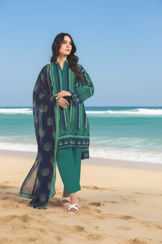 Alkaram 3pc Unstitched Khaddar Suit | Green
