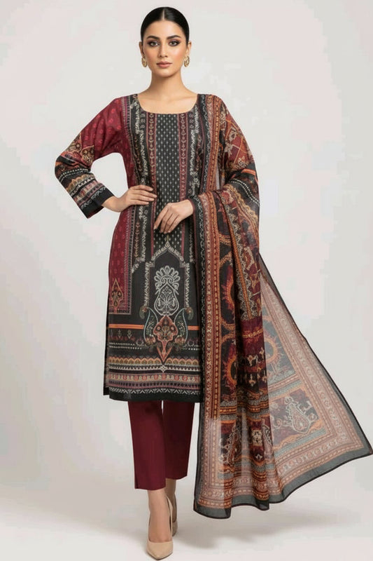 Gul Ahmed 3pc Unstitched Khaddar Suit | Maroon