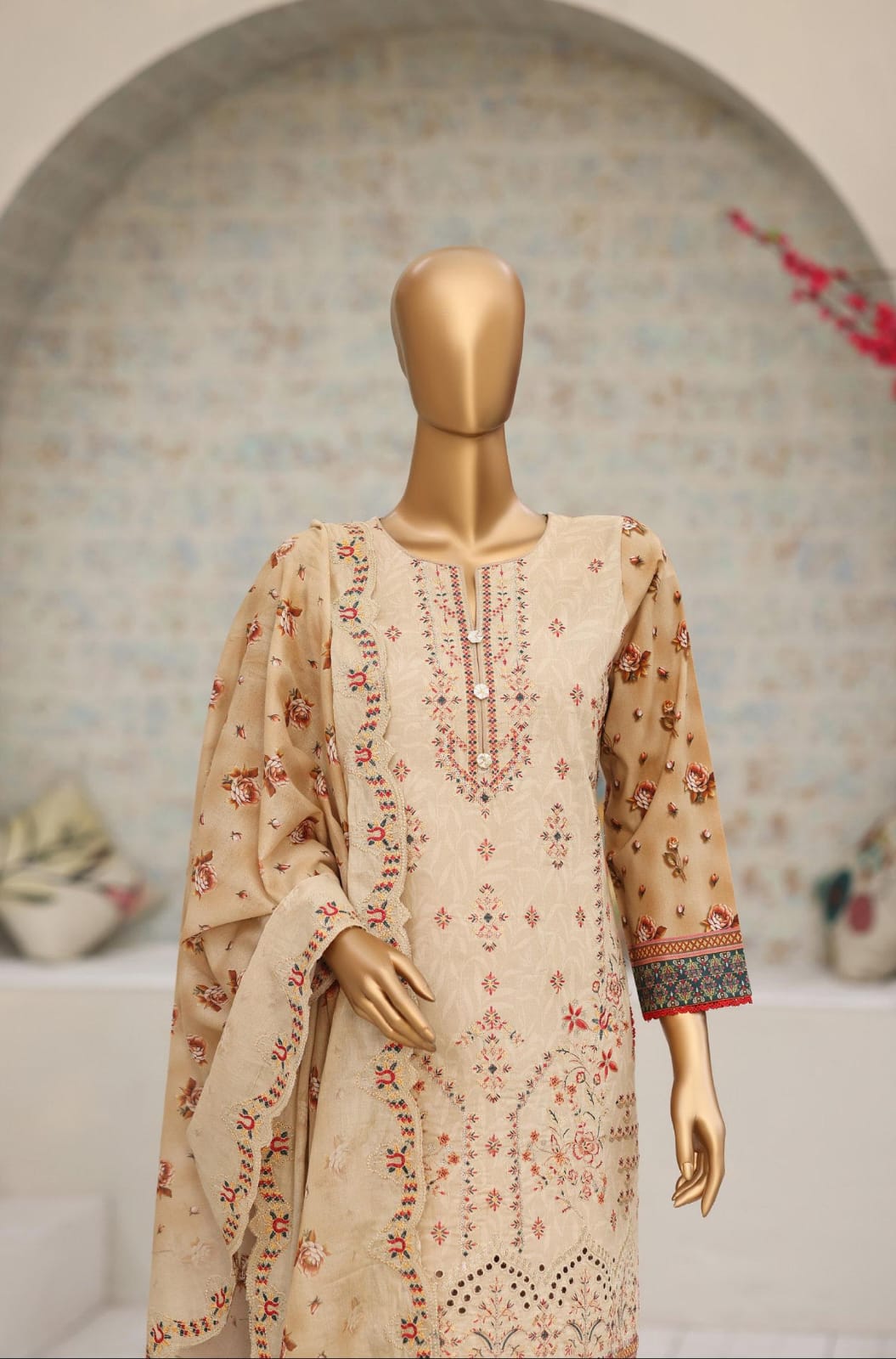 Shanaya By MTF Digital Printed Heavy Embroidered Lawn - Sand