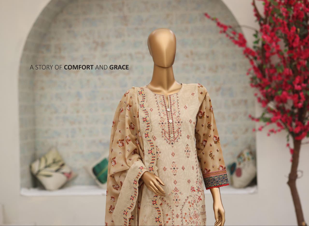 Shanaya By MTF Digital Printed Heavy Embroidered Lawn - Sand