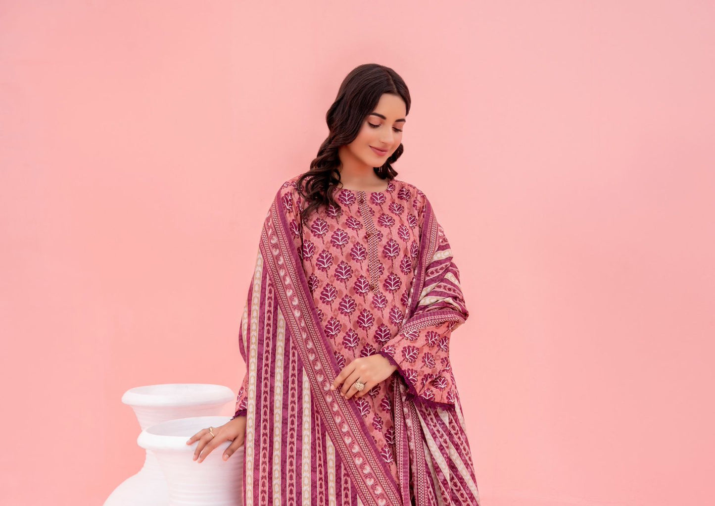 Deep Peach | Sohaye By Diners  3pc Unstitched Lawn Suit
