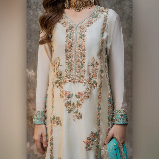 Vintage Silk Luxury Embroidered - White 3-Pc | Replica