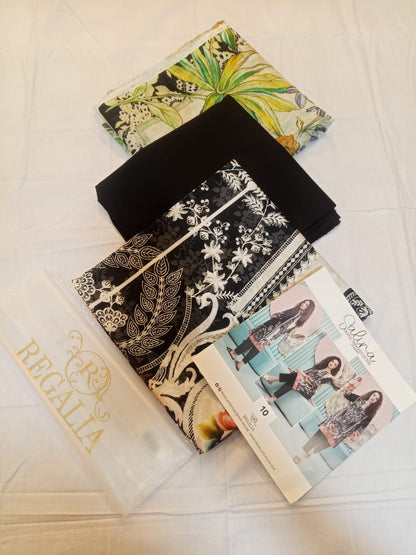 Salina Mid Summer Cotton Suit 3pc Unstitched - Black fabric samples and catalog layout on a white background.