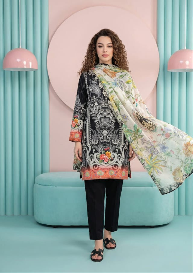 Salina Mid Summer Cotton Suit 3pc Unstitched - Black worn by model, showcasing intricate patterns and floral dupatta.