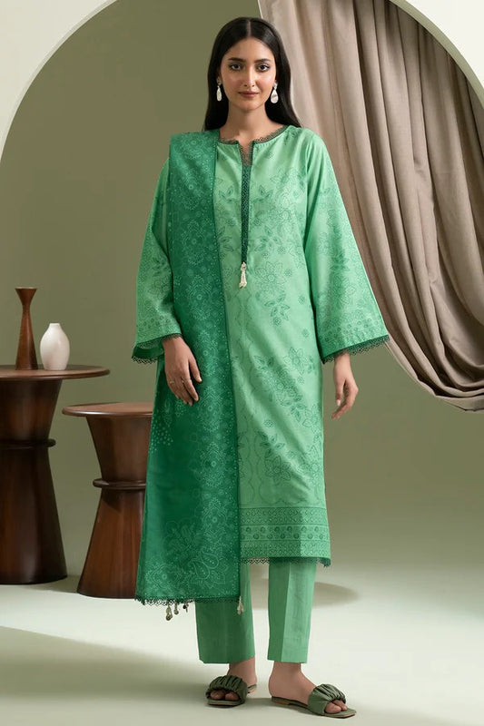 Green Zellbury 3pc Unstitched Lawn Suit – Stylish Pakistani Lawn Outfit 2025