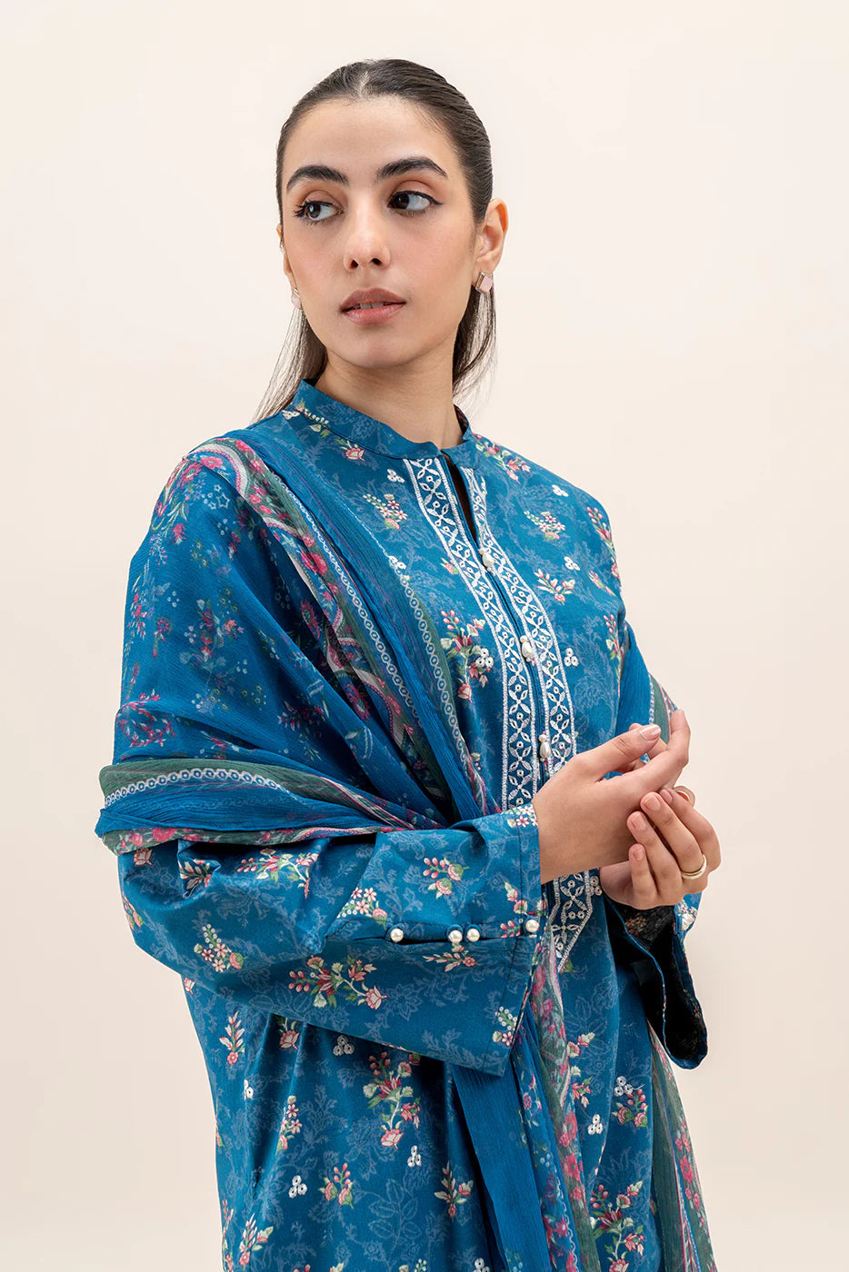 BeechTree 3 PIECE PRINTED LAWN SUIT-COBALT FERN (UNSTITCHED)