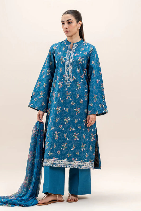 BeechTree 3 PIECE PRINTED LAWN SUIT-COBALT FERN (UNSTITCHED)