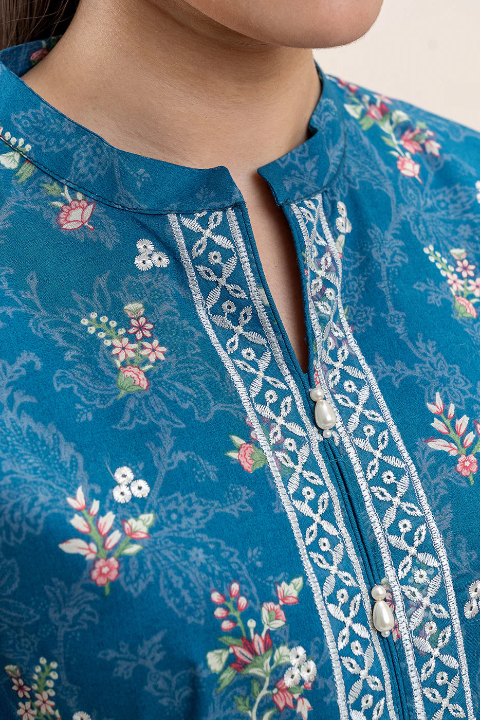 BeechTree 3 PIECE PRINTED LAWN SUIT-COBALT FERN (UNSTITCHED)