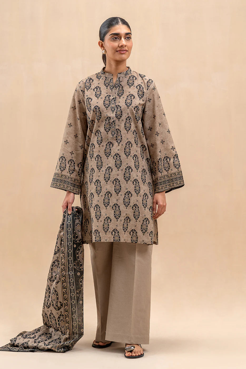 BeechTree 3 PIECE PRINTED LAWN SUIT-BEIGE VERVE (UNSTITCHED)