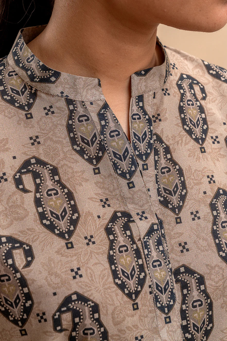 BeechTree 3 PIECE PRINTED LAWN SUIT-BEIGE VERVE (UNSTITCHED)