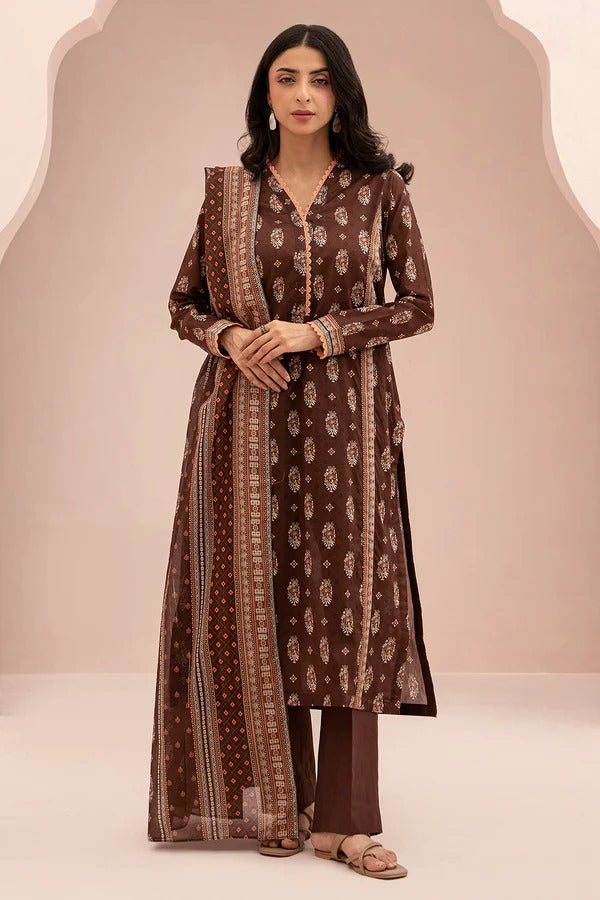 Brown Zellbury 3pc Unstitched Lawn Suit – Stylish Pakistani Lawn Outfit 2025