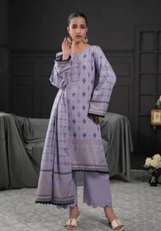 Light Purple Regalia Jacquard Viscose 3pc suit worn by model showcasing luxury unstitched tailoring.