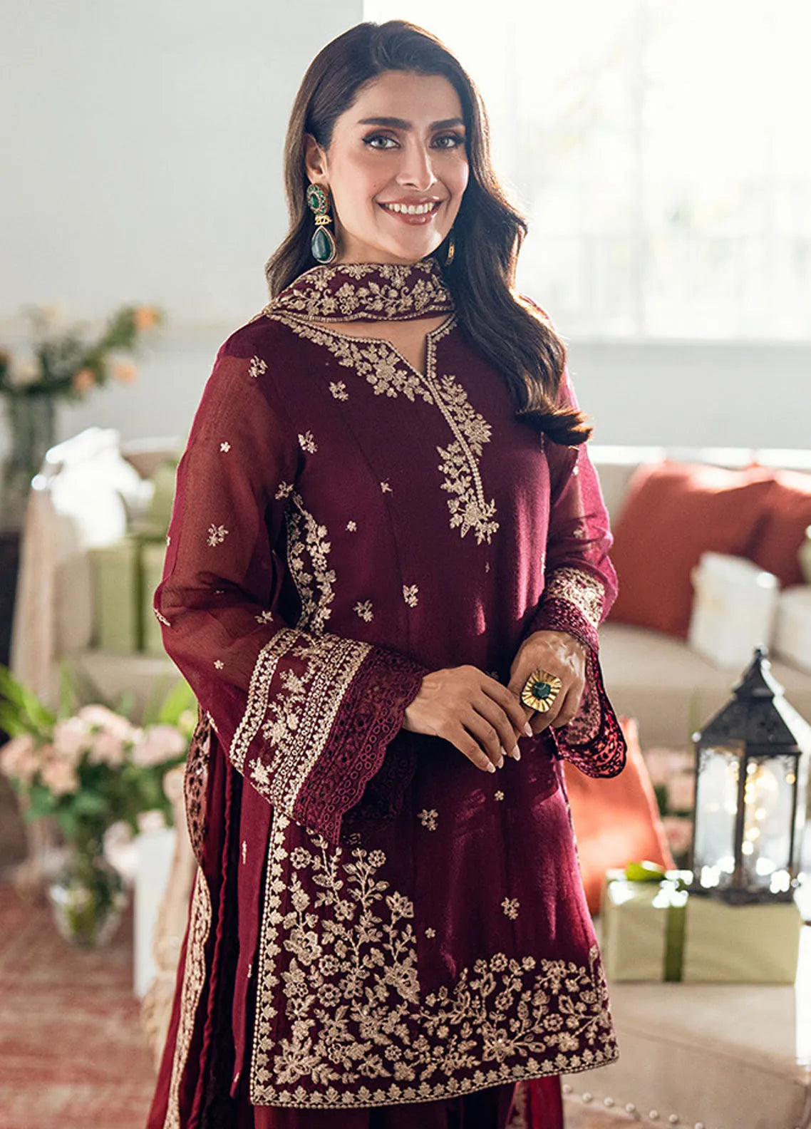 AZURE Chiffon Luxury Mehroon - 3 PC (Replica) model showcasing elegant embroidered neckline and sleeves.