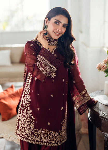 AZURE Chiffon Luxury Mehroon - 3 PC (Replica) featuring intricate embroidery and elegant neckline detail.