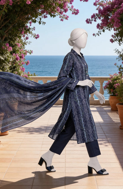 Mtj 3 PIECE PRINTED LAWN SUIT- Navy-Blue (UNSTITCHED)