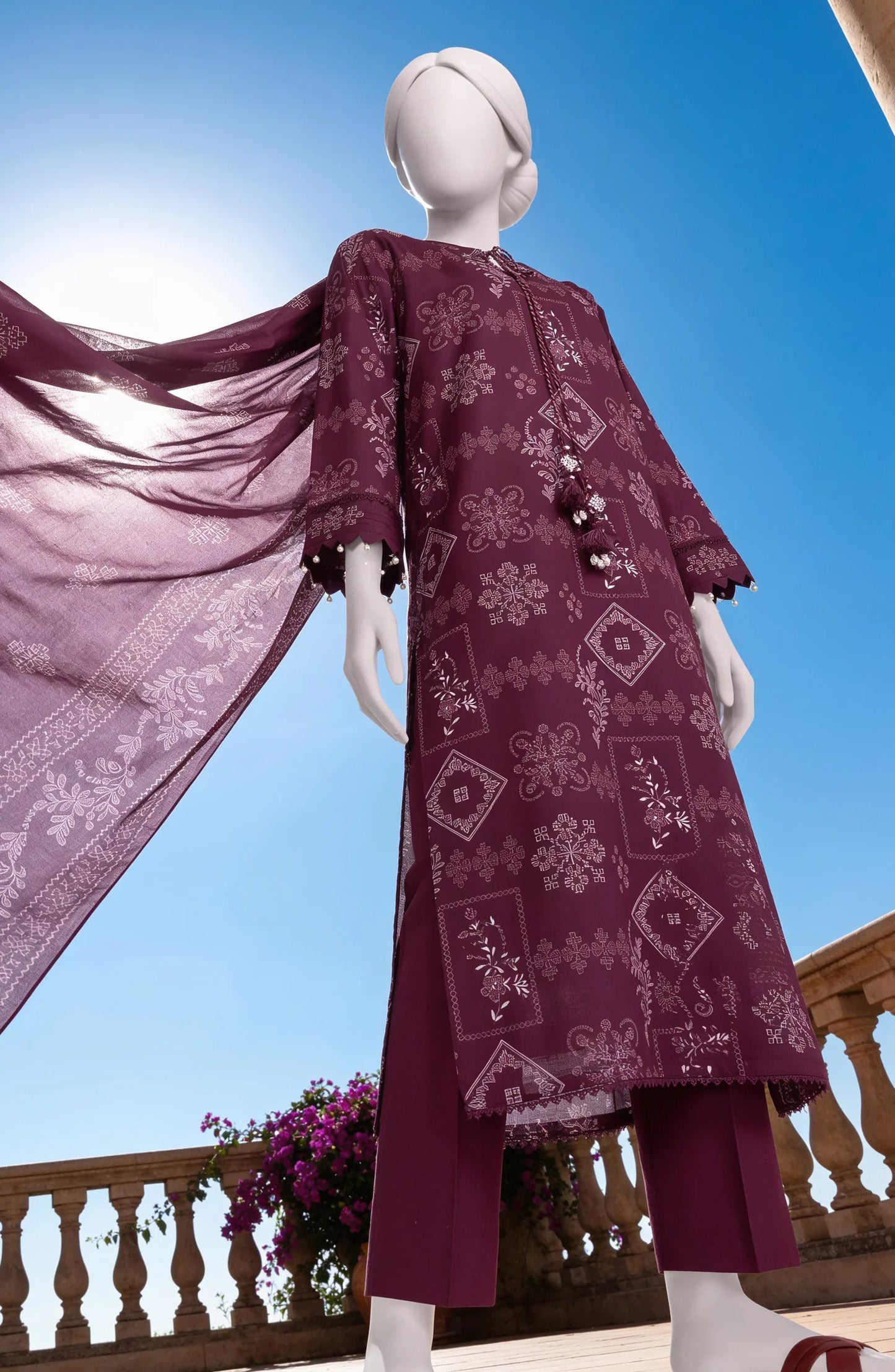 Mtj 3 PIECE PRINTED LAWN SUIT- Maroon (UNSTITCHED)
