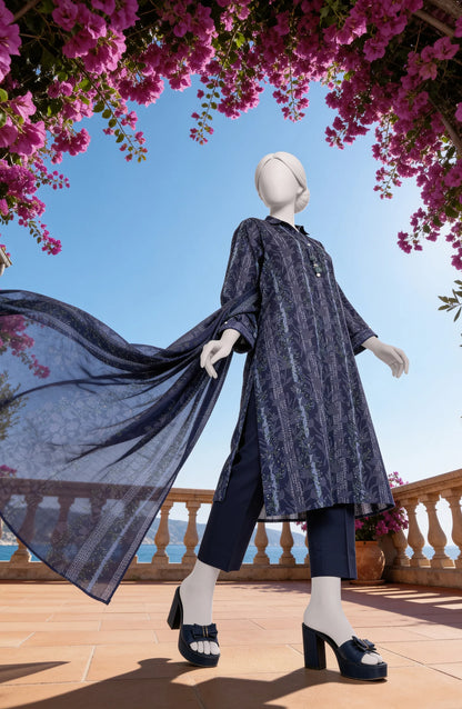 Mtj 3 PIECE PRINTED LAWN SUIT- Navy-Blue (UNSTITCHED)