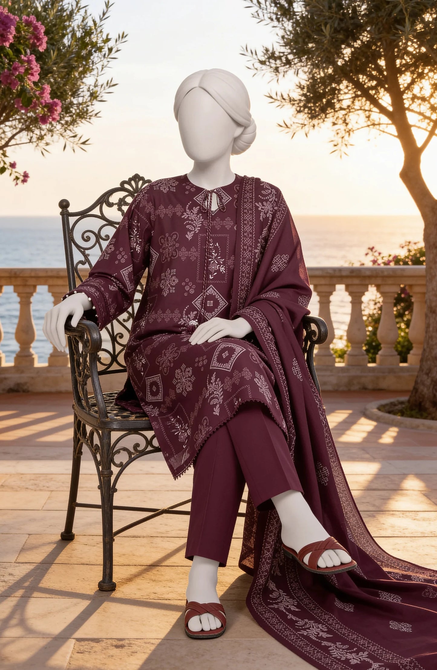 Mtj 3 PIECE PRINTED LAWN SUIT- Maroon (UNSTITCHED)