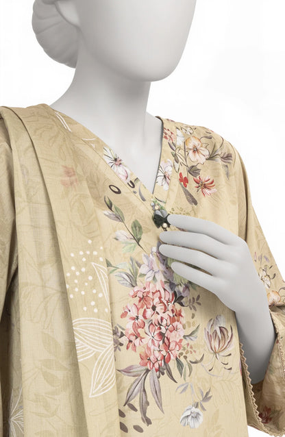 Mtj 3 PIECE PRINTED LAWN SUIT- Mustard (UNSTITCHED)