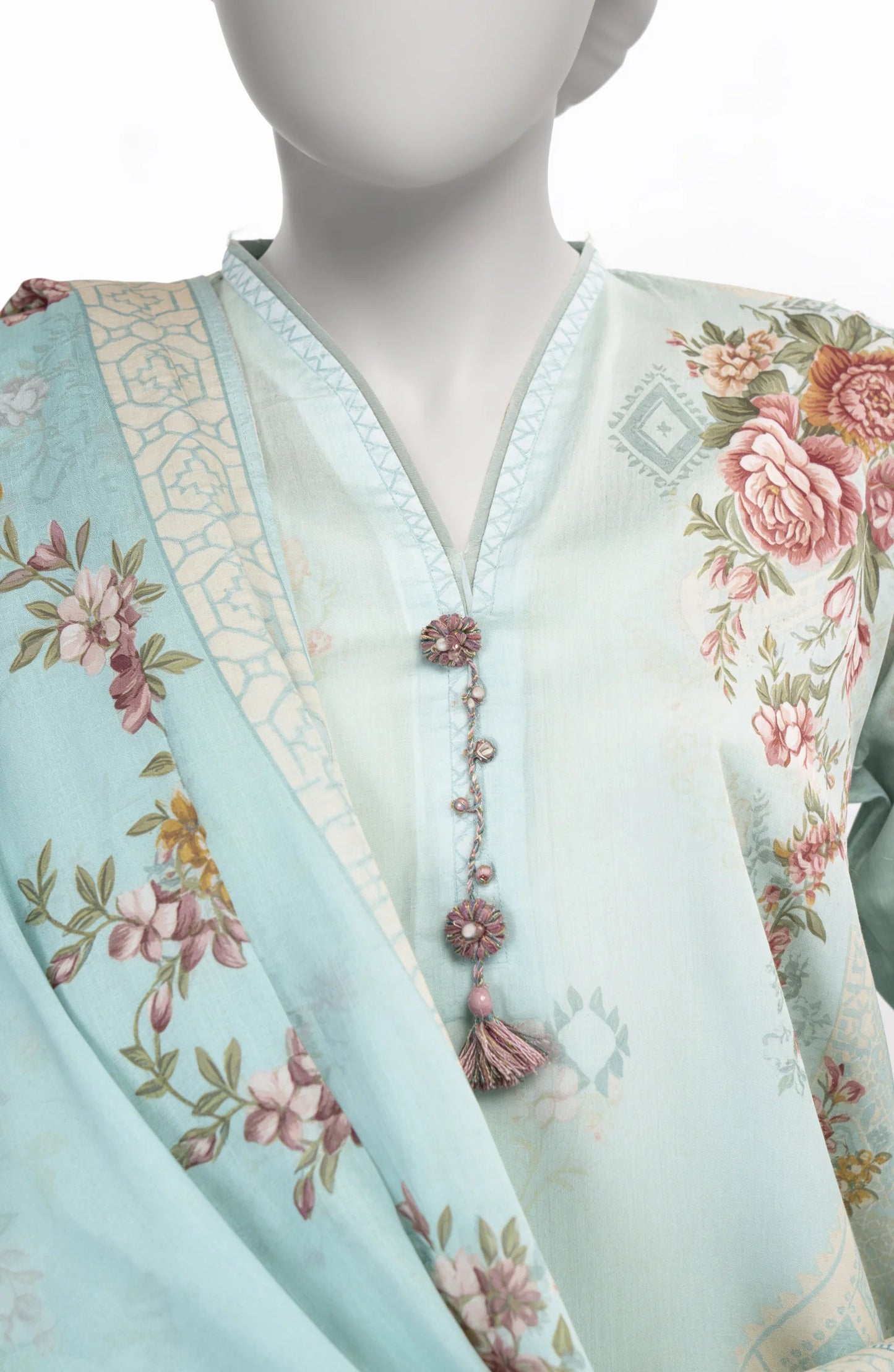 Mtj 3 PIECE PRINTED LAWN SUIT- Sky-Blue (UNSTITCHED)