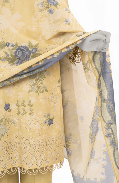 Mtj 3 PIECE PRINTED LAWN SUIT- Yellow (UNSTITCHED)
