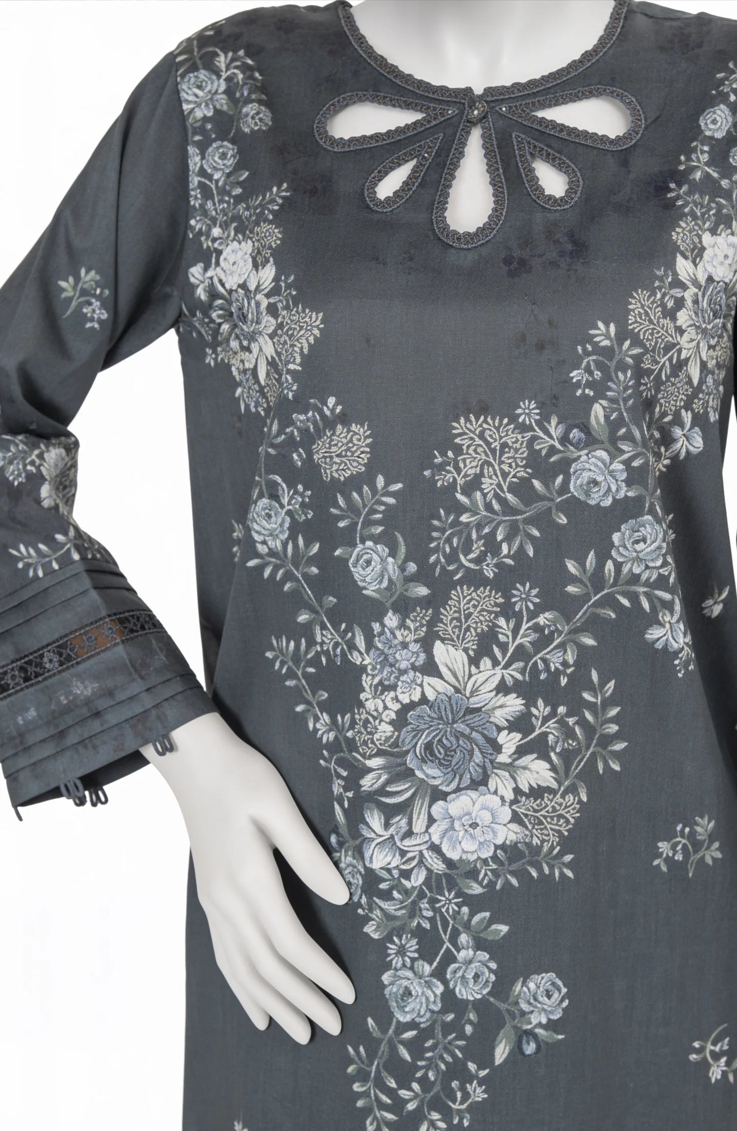 Mtj 3 PIECE PRINTED LAWN SUIT- Charcoal (UNSTITCHED)