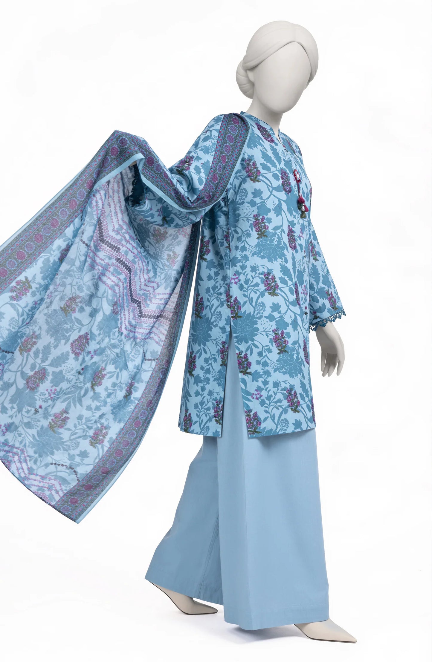 Mtj 3 PIECE PRINTED LAWN SUIT- Sky-Blue (UNSTITCHED)