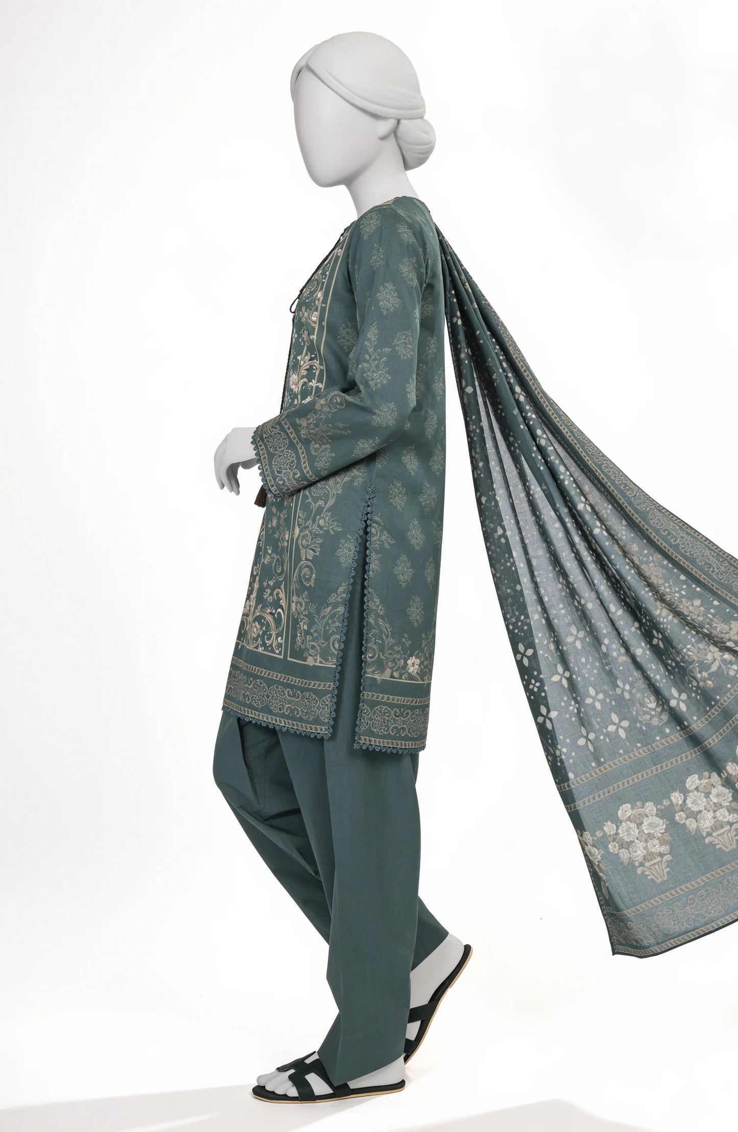 Mtj 3 PIECE PRINTED LAWN SUIT- Teal (UNSTITCHED)