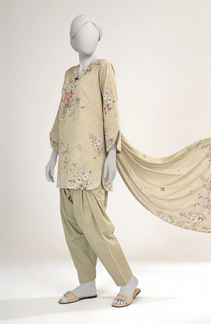 Mtj 3 PIECE PRINTED LAWN SUIT- Mustard (UNSTITCHED)