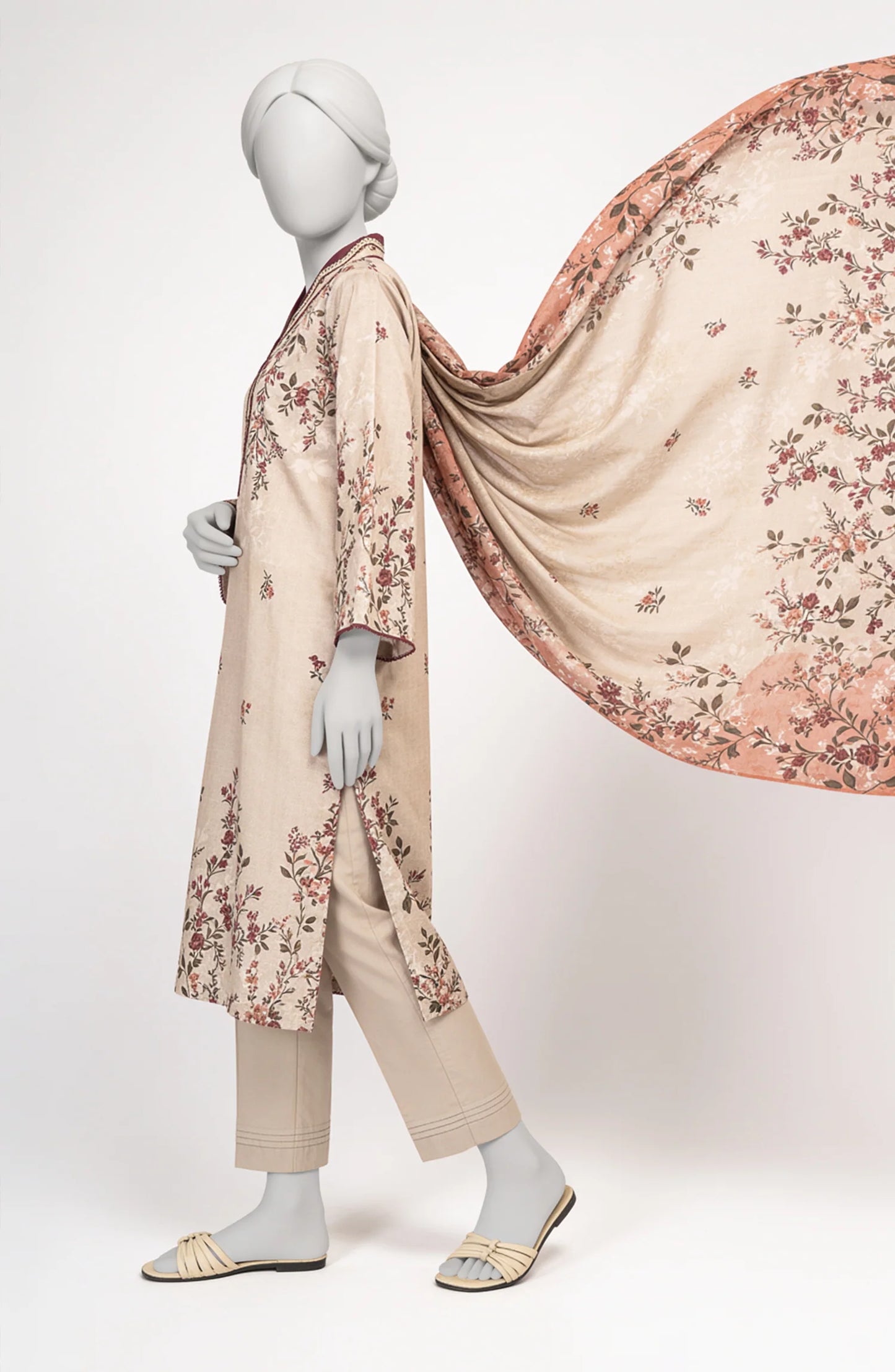 Mtj 3 PIECE PRINTED LAWN SUIT- Peach (UNSTITCHED)