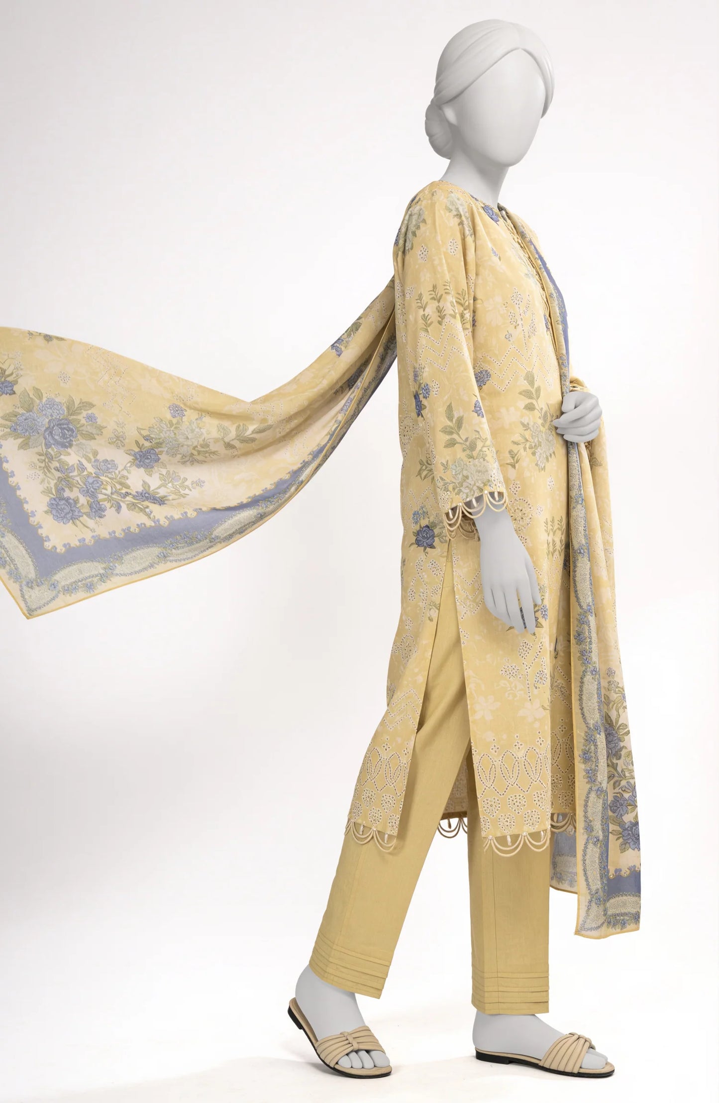 Mtj 3 PIECE PRINTED LAWN SUIT- Yellow (UNSTITCHED)
