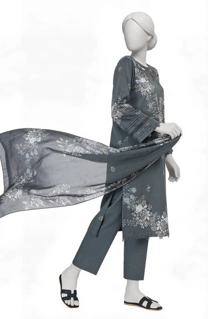 Mtj 3 PIECE PRINTED LAWN SUIT- Charcoal (UNSTITCHED)