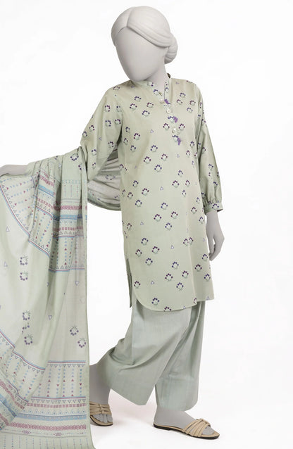 Mtj 3 PIECE PRINTED LAWN SUIT- Light-Green (UNSTITCHED)
