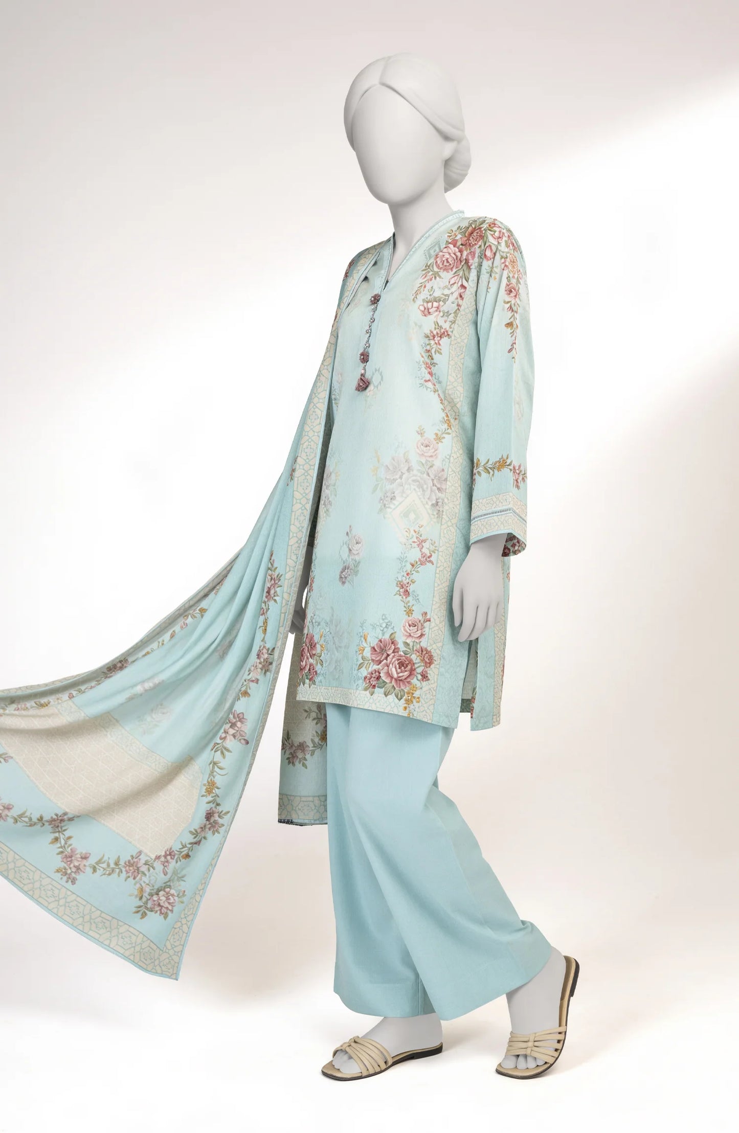 Mtj 3 PIECE PRINTED LAWN SUIT- Sky-Blue (UNSTITCHED)