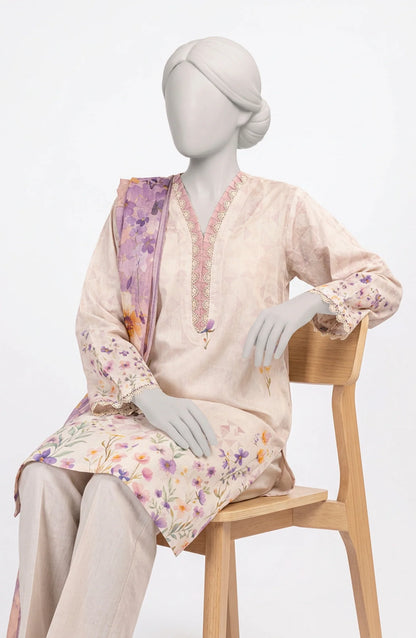 Mtj 3 PIECE PRINTED LAWN SUIT- Light-Pink (UNSTITCHED)