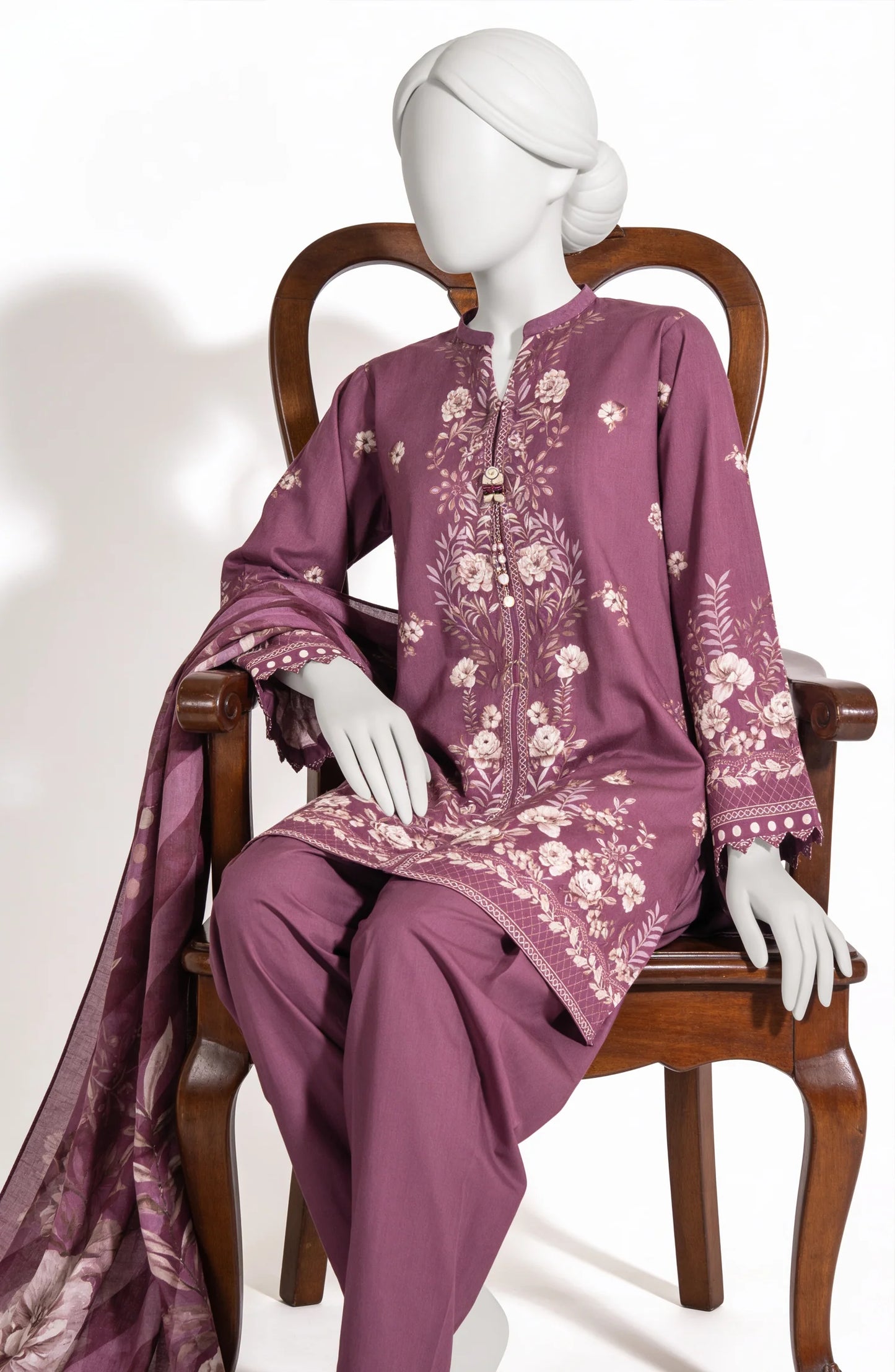 Mtj 3 PIECE PRINTED LAWN SUIT- Magenta (UNSTITCHED)
