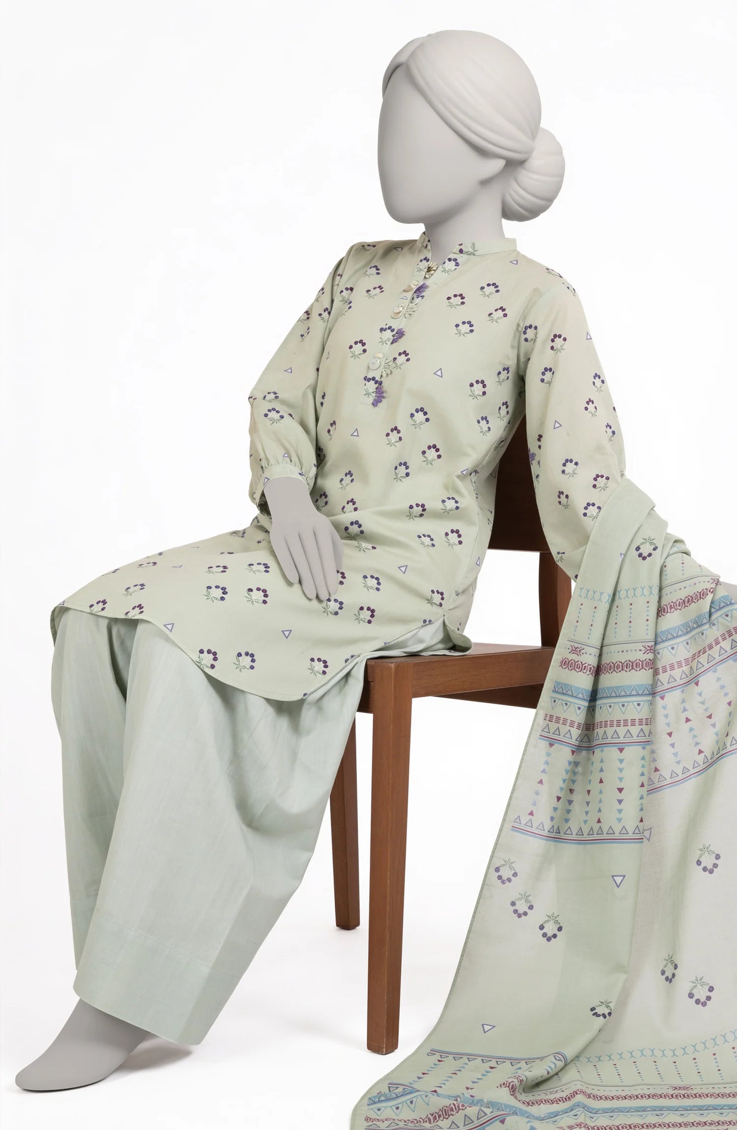Mtj 3 PIECE PRINTED LAWN SUIT- Light-Green (UNSTITCHED)