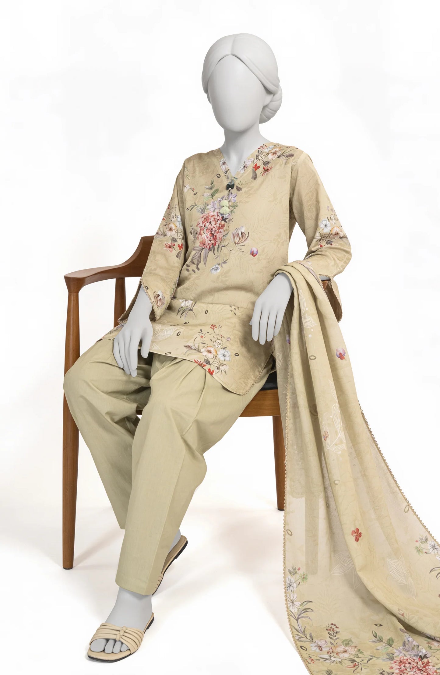 Mtj 3 PIECE PRINTED LAWN SUIT- Mustard (UNSTITCHED)