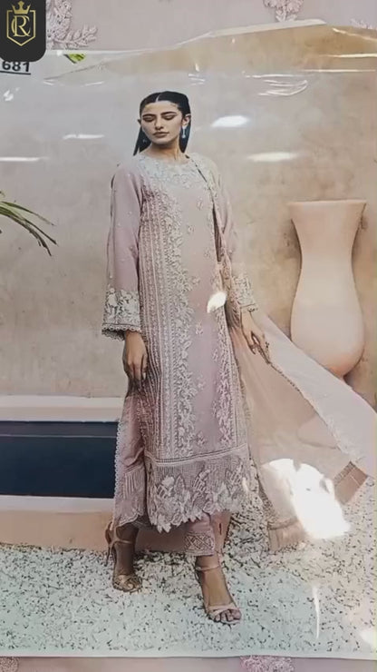 Azure Luxury Chiffon Embroidered - Coffee Pink 3-Pc | Replica