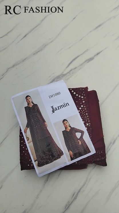 Jazmin Chiffon Embroidered - Mehroon 3-Pc | Replica