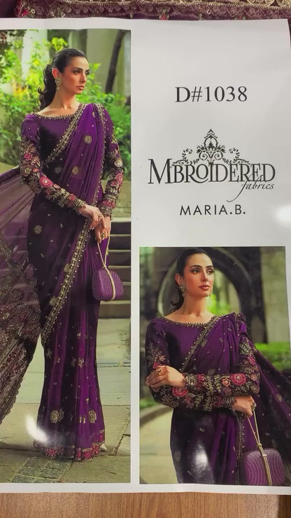 Maria B Chiffon Luxury Embroidered Saree - Purple | Replica