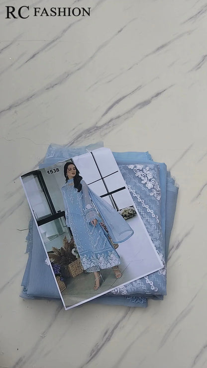 Azure Chiffon  Embroidered - Ice Blue 3-Pc | Replica