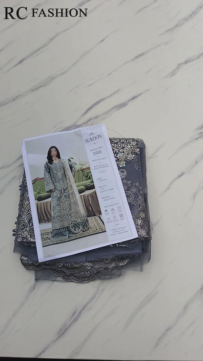Imrozia Sukoon Organza 3Pc Formal - Grey (Replica)