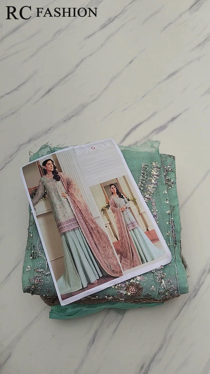 Baroque Khaddi Net Luxury Embroidered - Mint Green 3-Pc | Replica
