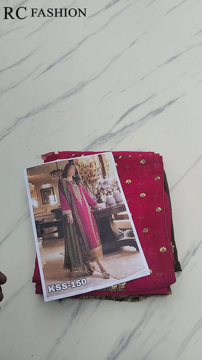 Asim Jofa Embroidered Chiffon 3-Pc - Magenta (Replica)