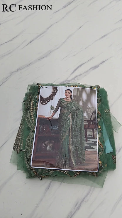 Zarif Embroidered Net Saree – Green (Replica)