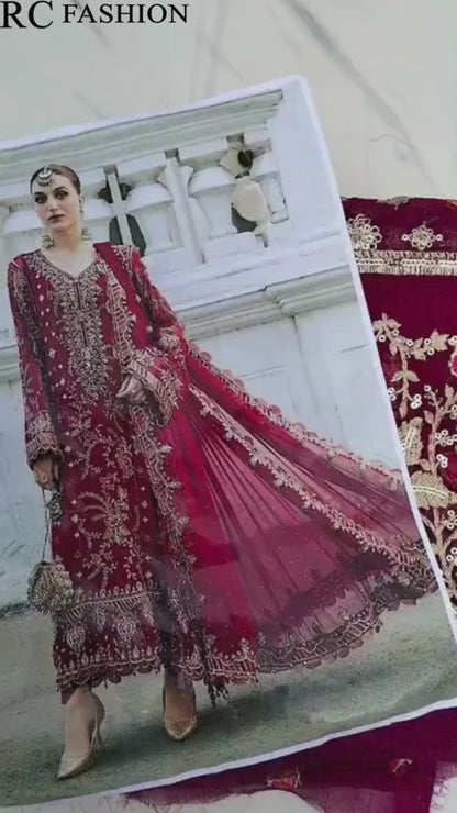 Maria B Chiffon Embroidered - Red 3-Pc | Replica
