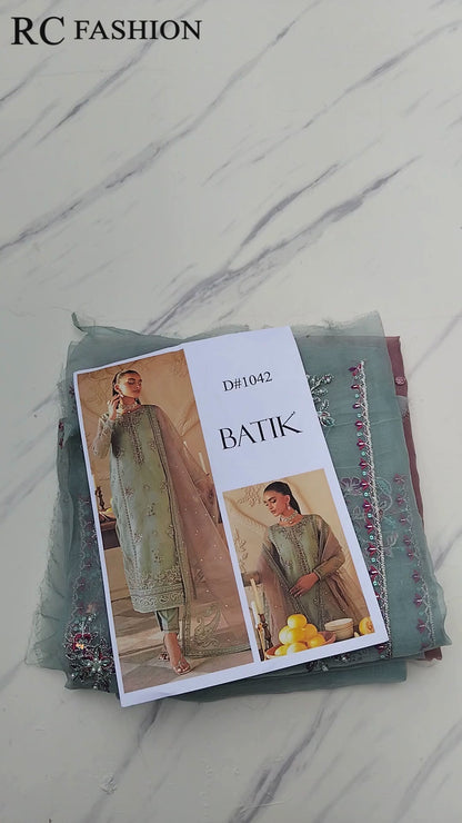 Batik Organza Embroidered 3-Pc Formal - Light Jade (Replica)