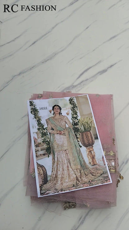 Hania Embroidered Net Gharara 3pc - Baby Pink (Replica)