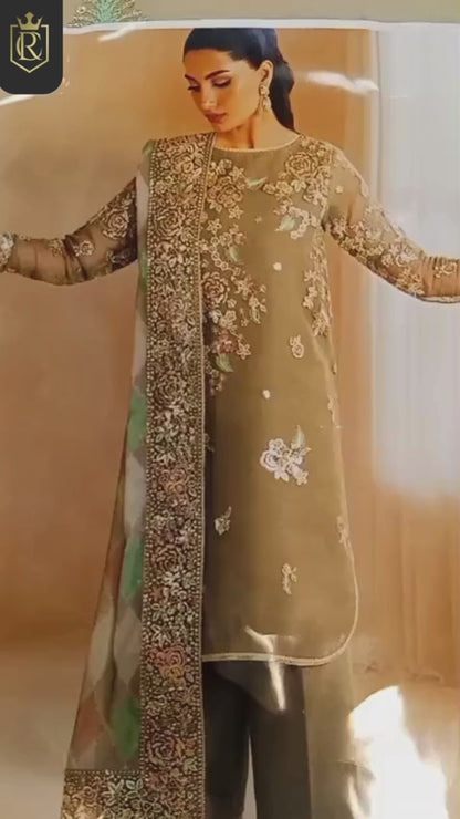 Farasha Luxury Chiffon Embroidered Olive Dazzle - 3-Pc (Replica)